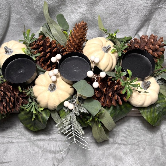 Rustic Farmhouse Woodlook Candle Centerpiece White Pumpkins Pine Cone Fall Decor - Picture 5 of 6